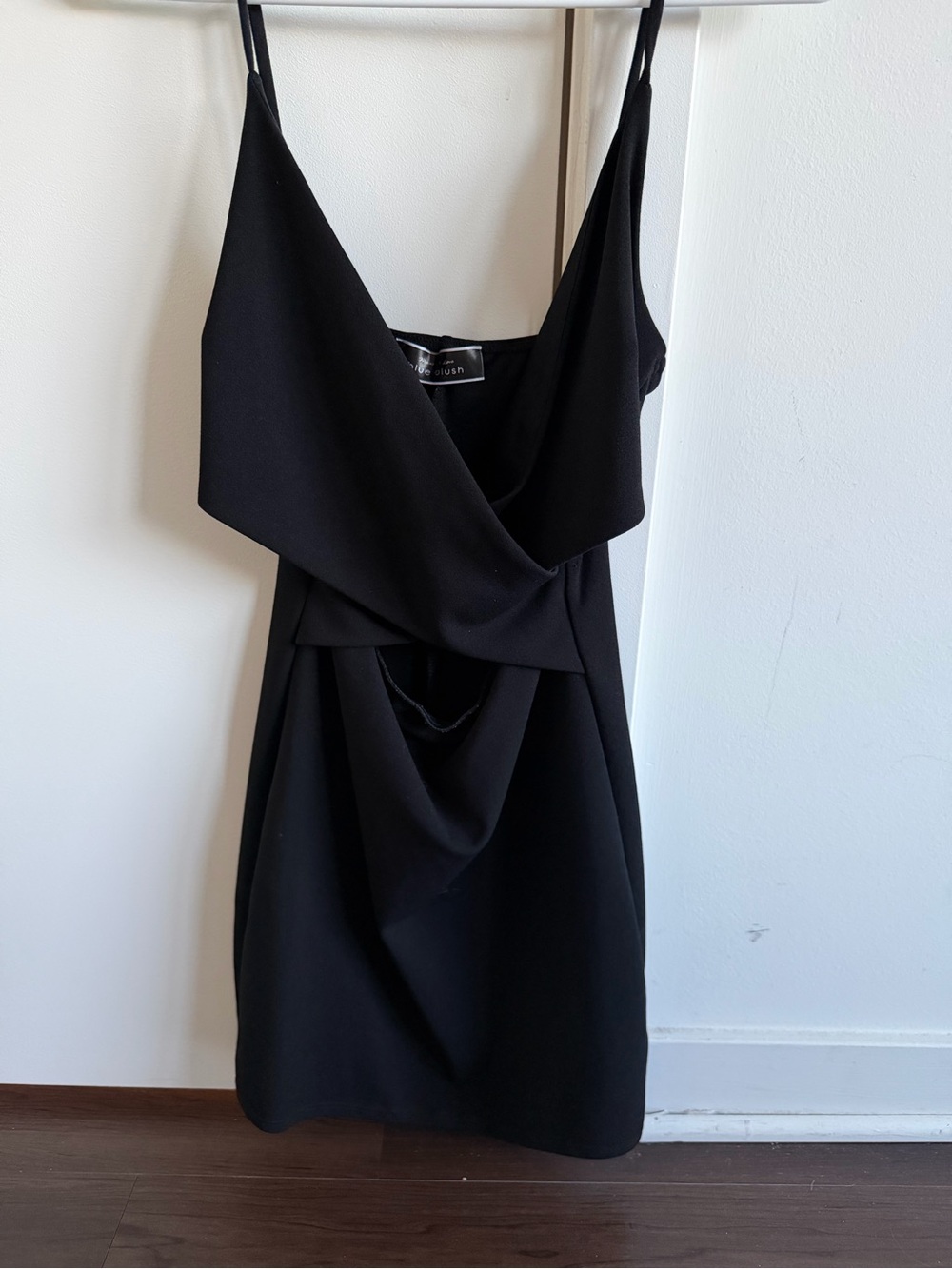 Blue Blush Black Draped Mini Dress with Spaghetti Straps